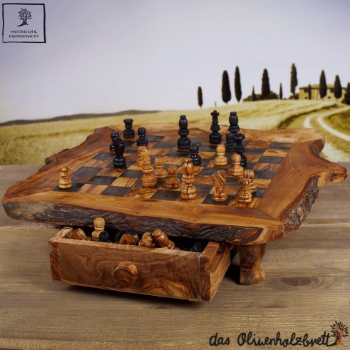 Olivenholz Schachbrett mit Figuren und Schale rustikal ca 35x35cm
