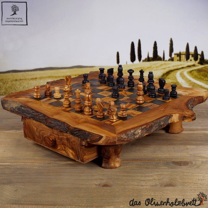 Olivenholz Schachbrett mit Figuren und Schale rustikal ca 35x35cm
